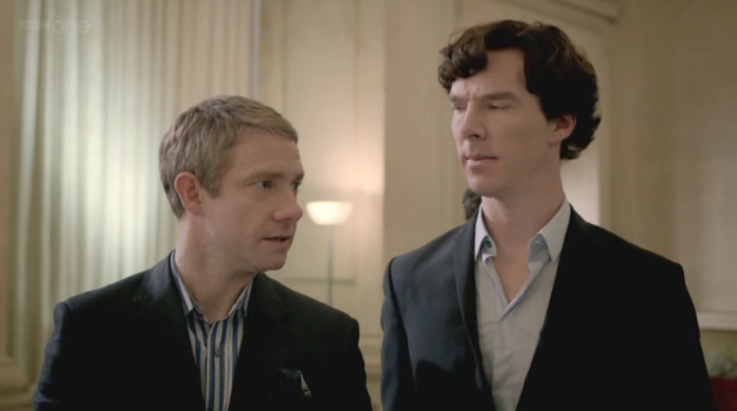 Martin Freeman as John Watson and Benedict Cumberbatch as Sherlock Holmes on Sherlock Series Two Finale The Reichenbach Fall